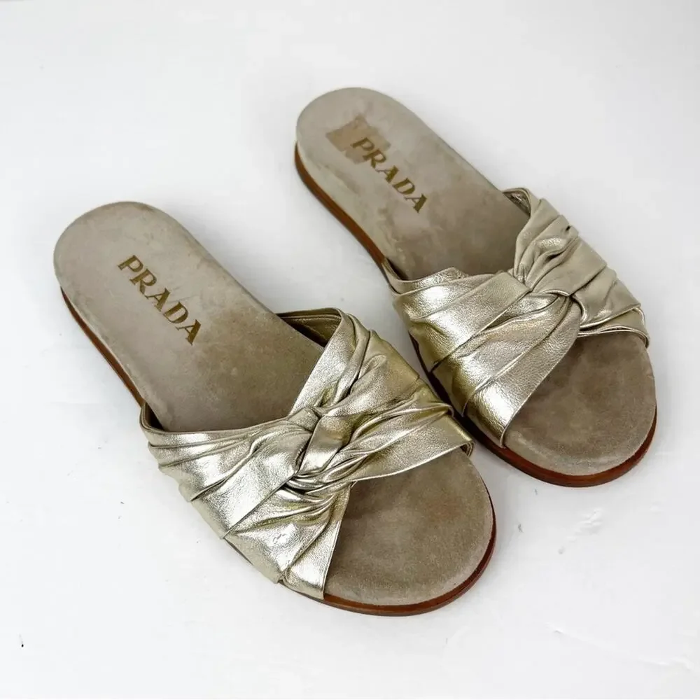 SZ 37.5 Prada Metallic Gold Leather Slide Sandals - Picture 2 of 7